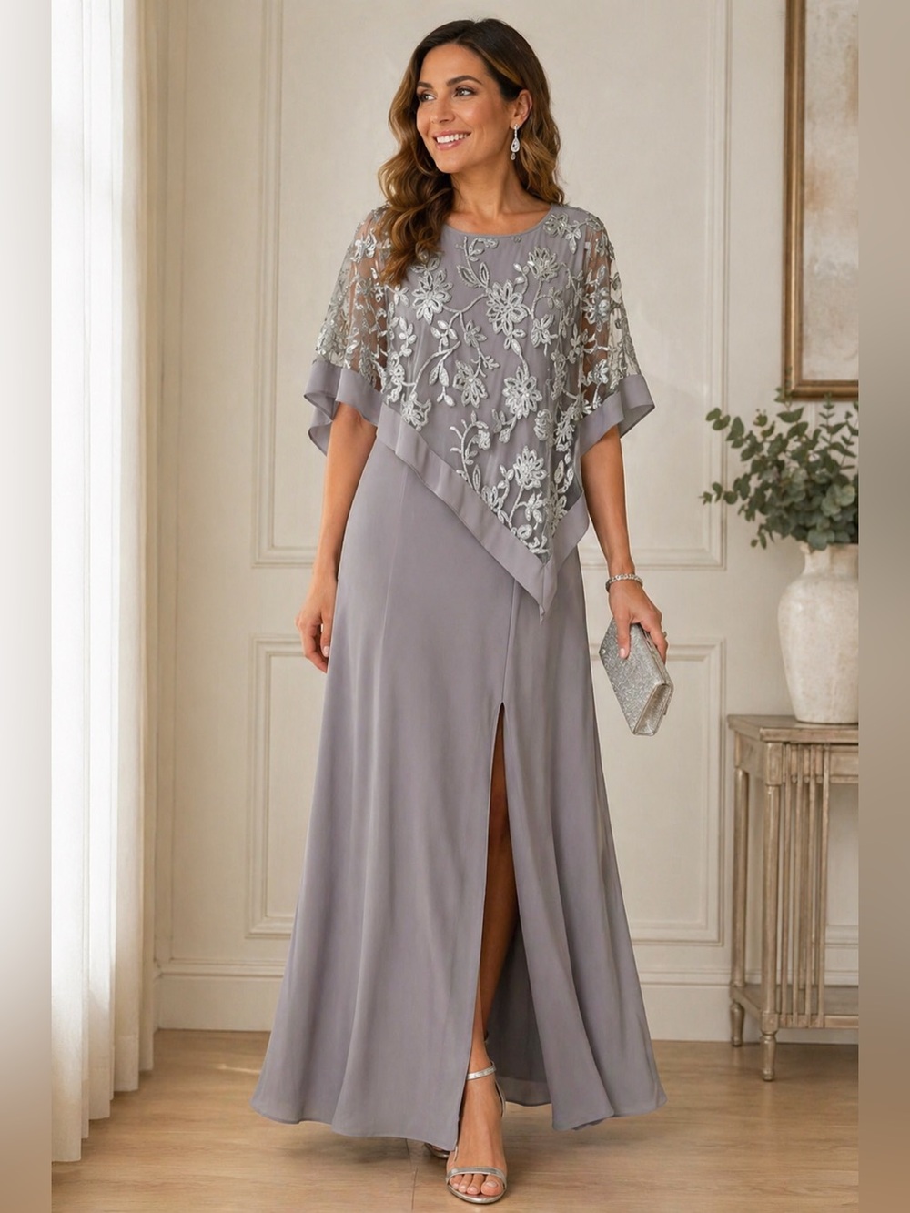 R&M Richards Gray Sequin Overlay Dress Sz 8 Elegant Formal Wedding Guest